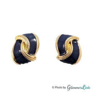 Vintage 1980s Gay Boyer Dark Blue Enamel Knot Gold Tone Clip On Earrings